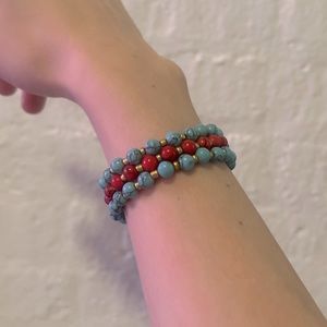 Turquoise, red and gold beaded bracelets